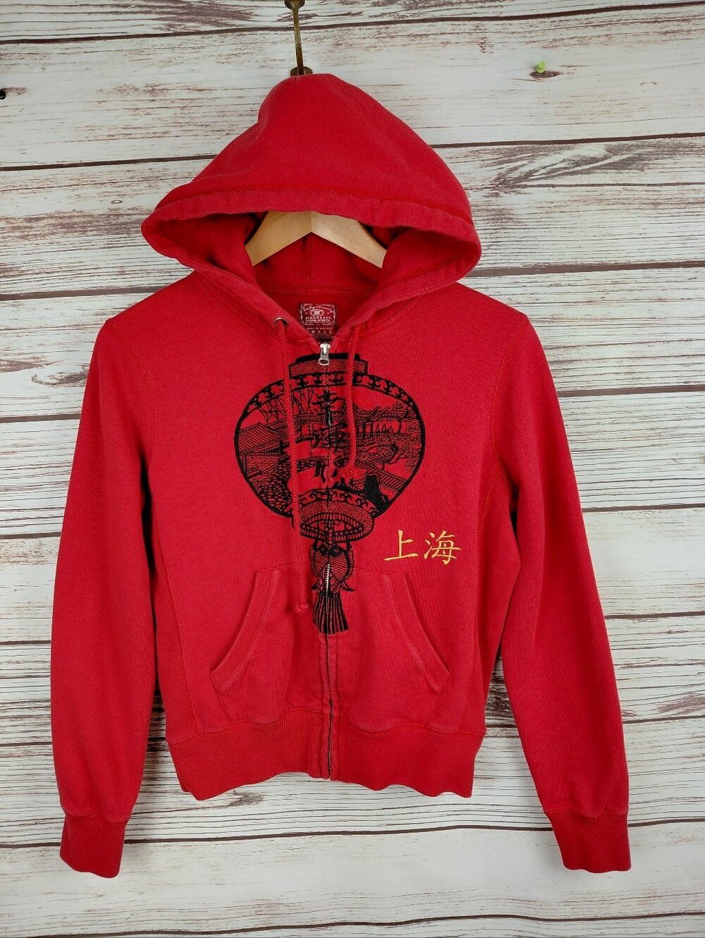 Lucky Brand Womens Small Vtg Y2K Red Asian Embroidered Zip Hoodie Jacket